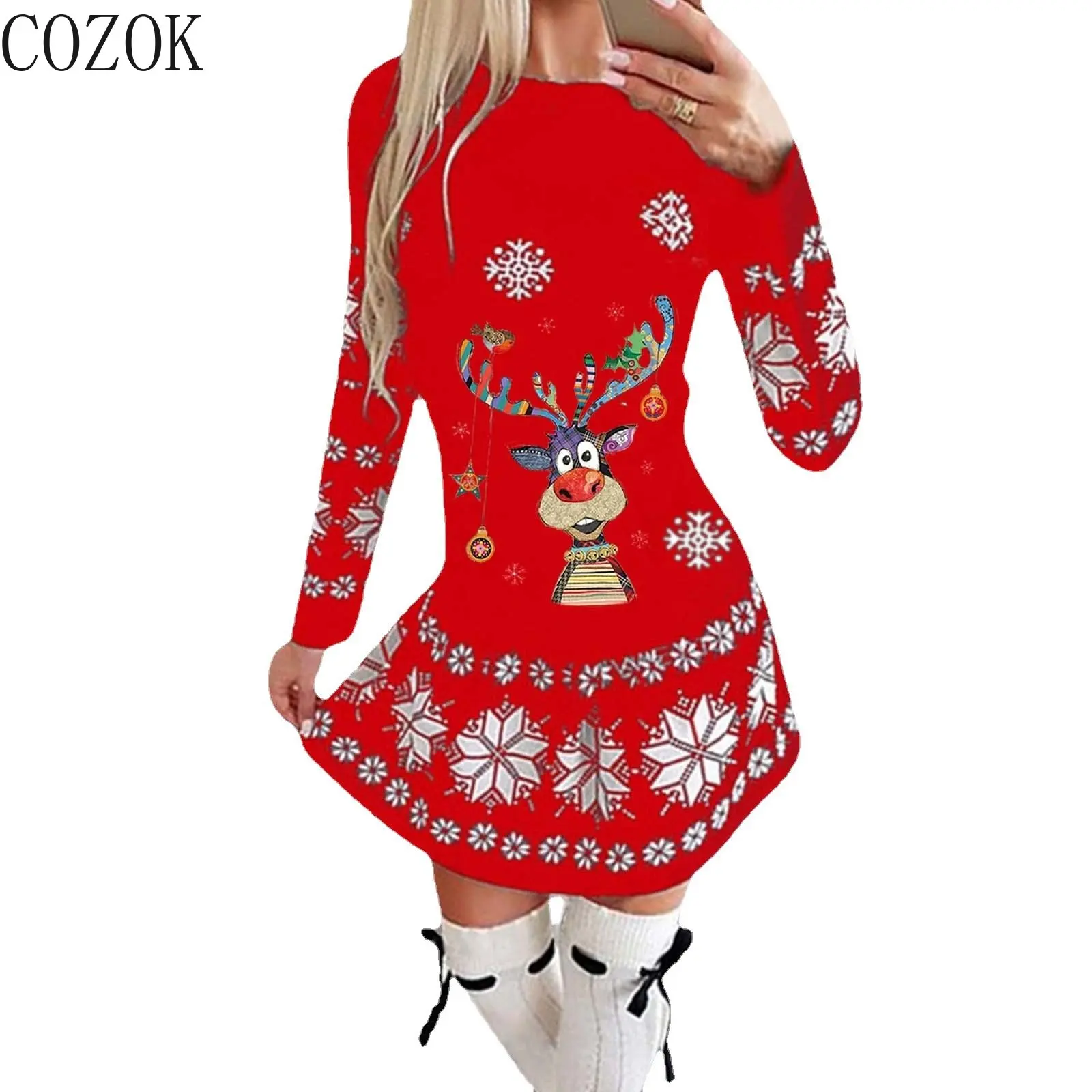 

Женская одежда в европейском и американском стиле новинка осень-зима 2022 платье с круглым вырезом и длинными рукавами с рождественским прин...