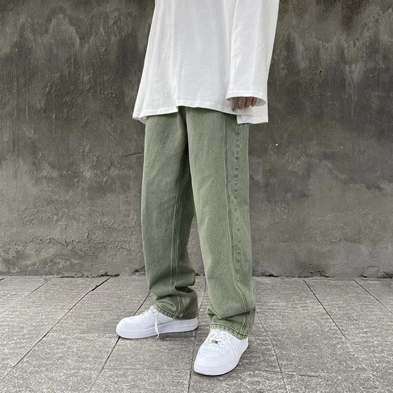 Green Jeans for Men Straight Loose Trousers Spring and Autumn Oversize Wide Leg Pants Casual High Street Fashion Male Clothing