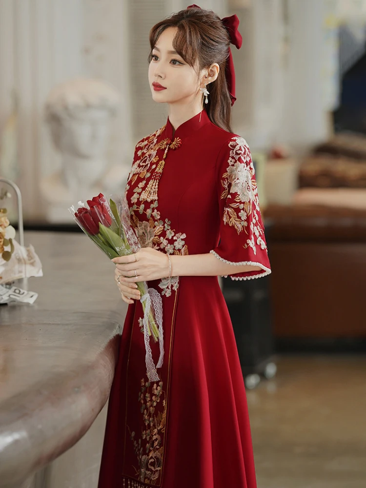 Chinese Style Bridal Toasting Cheongsam Dress Wind Red Traditional Qipao Dress Vintage Wedding Elegant Evening Party Dresses images - 6