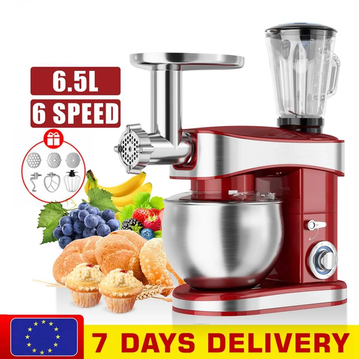 

3-in-1 Kitchen Food Stand Mixer Stainless Steel Bow 6 Speeds Cream Egg Whisk Blender Cake Dough Bread Mixer Food Processor