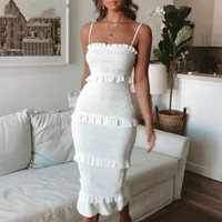 skmy white dress bodycon spaghetti strap ruffes mid calf length 2022 summer party nightclub sexy ruched dress solid color