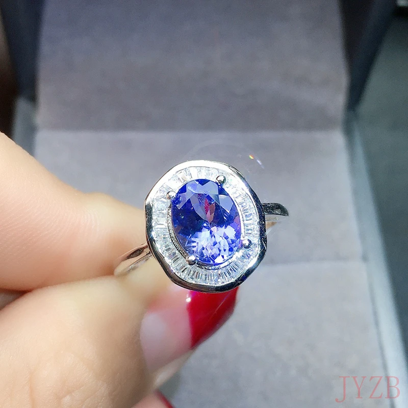 Classic pure natural Tanzanite wedding ring 6*8mm natural Tanzanite ring 925 silver jewelry gift for ladies