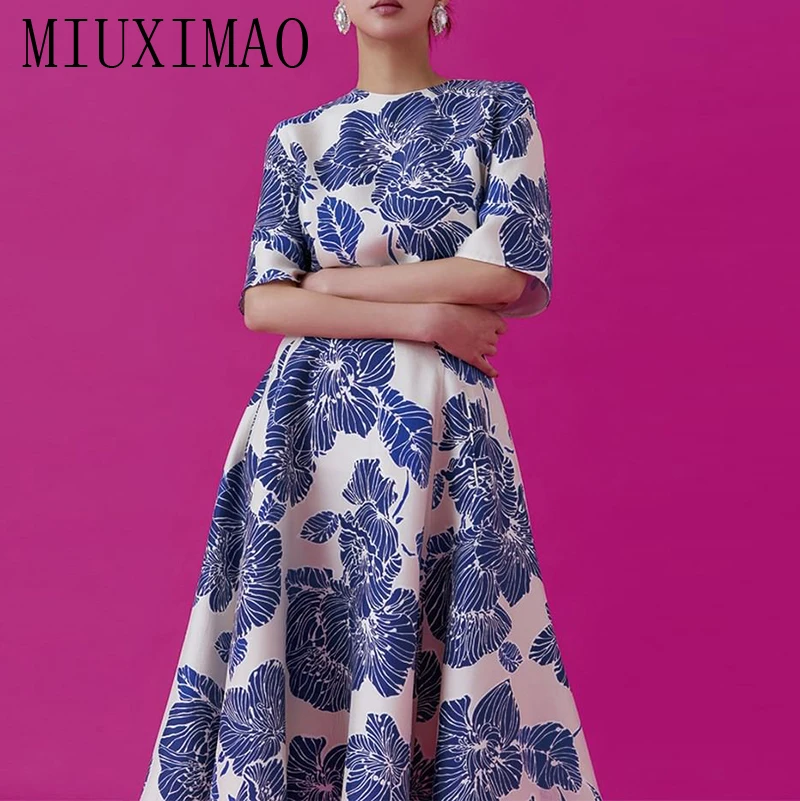 MIUXIMAO 2023 High Quality Spring&Summer Elegant Dress Short Sleeve O-Neck Print Belt Fashion Long Dress Women Vestide