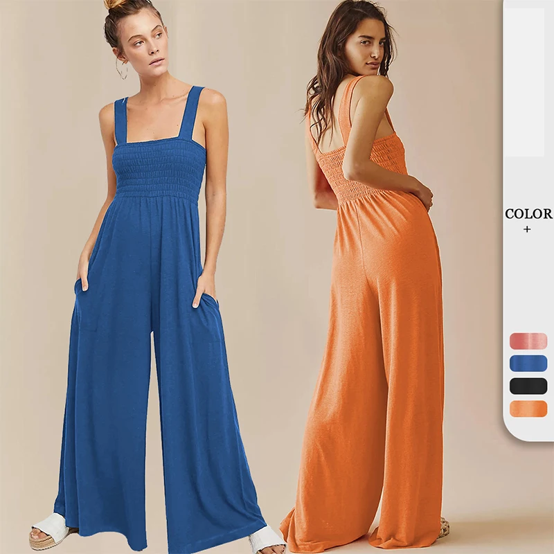 

Tube Top Strap Jumpsuit Casual Loose Wide Leg Trousers Commuter Women's Pleated Wide Leg Solid Color Sleeveless Loose Button