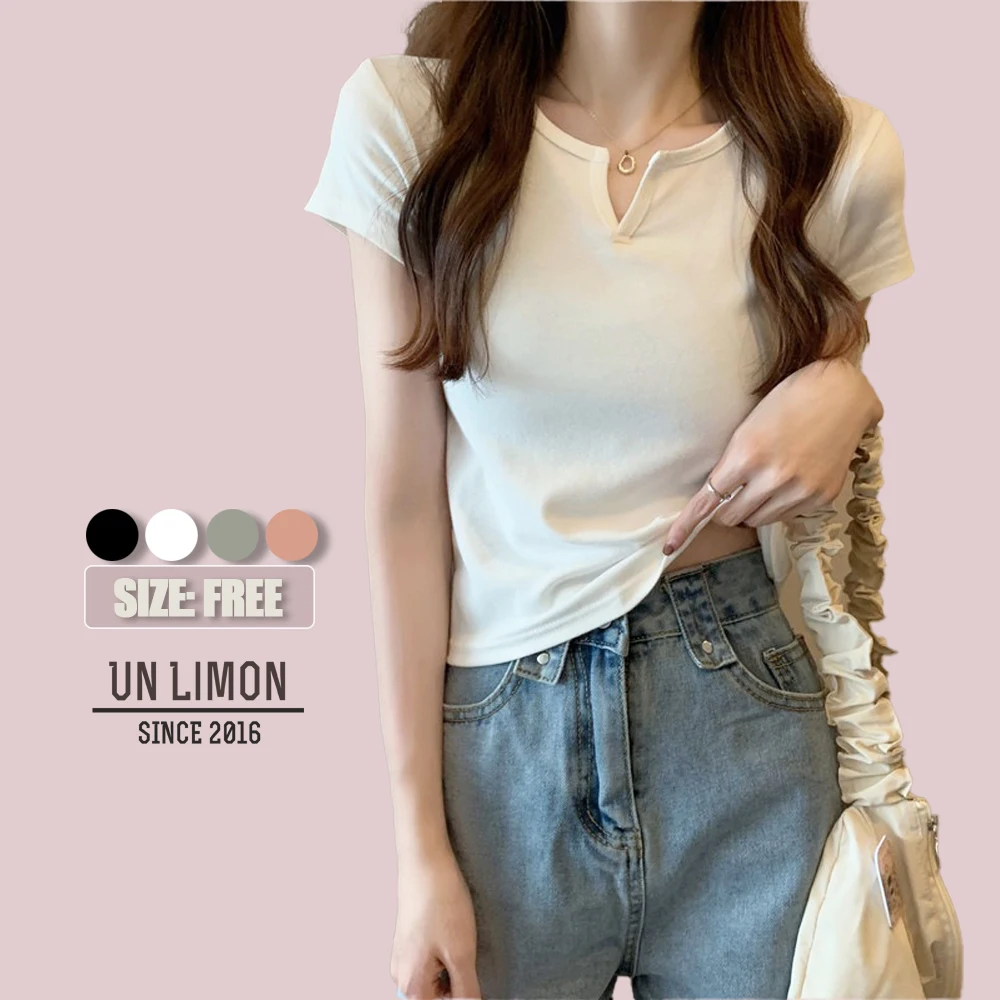 

UNLIMON Women's V Neck Short Sleeve Tshirts Slim Fit Casual Cropped Top Solid Color Basic Blouse