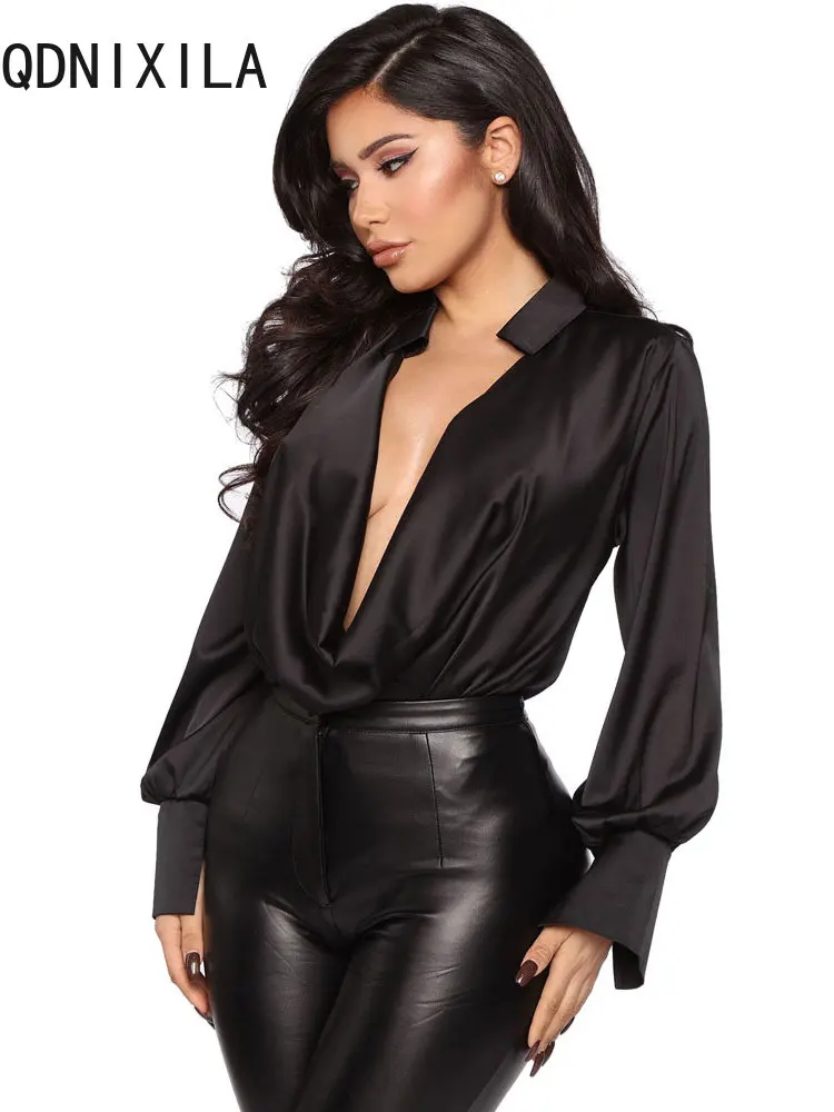 

Large V-Neck Satin Women's Shirt New In Women Clothing Fashion Women's Elegant Blouses 2023 Spring Summer Sexy Long Sleeve Top