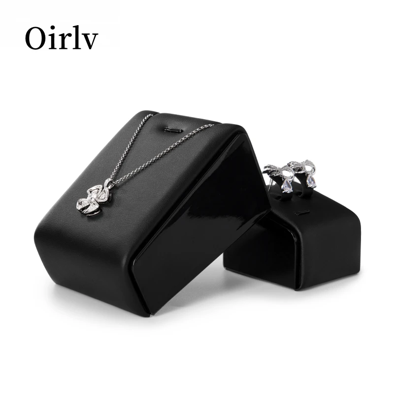 Oirlv Wooden Jewelry Rack Wooden Black PU Leather Jewelry Display Stand For Ring Stud Earring Holder Black Jewelry Display Rack