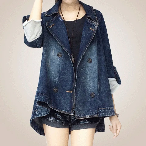 

SuperAen Spring and Autumn Fashion Korean Women's Washing Seven Sleeve Loose Cape Cowboy Coat A-shaped Denim Jacket