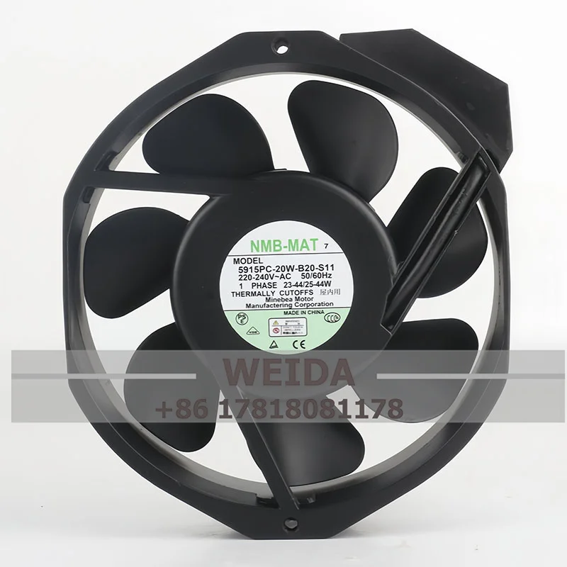 Фото NMB 5915PC-20W-B20-S11 172X150X38 мм 200/240 В переменного тока 0,18 А 176,5 куб. футов в минуту Осевой вентилятор охлаждения с металлическими листьями №1