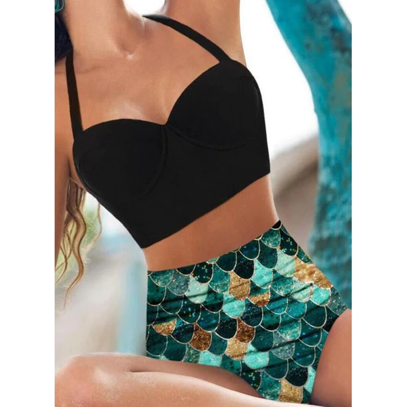 

Halter Tummy Control Mermaid Bikini Set Swimsuit for Women Two Pieces Green High Waist Swimwear 2023 Bathing Suit
