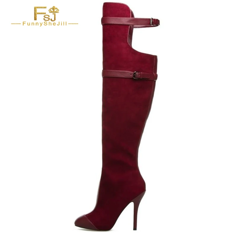 

Maroon Suede Knee-Length Boots, Pointed Toe Stiletto Heeled Boots, Women'S Large Size 15 16