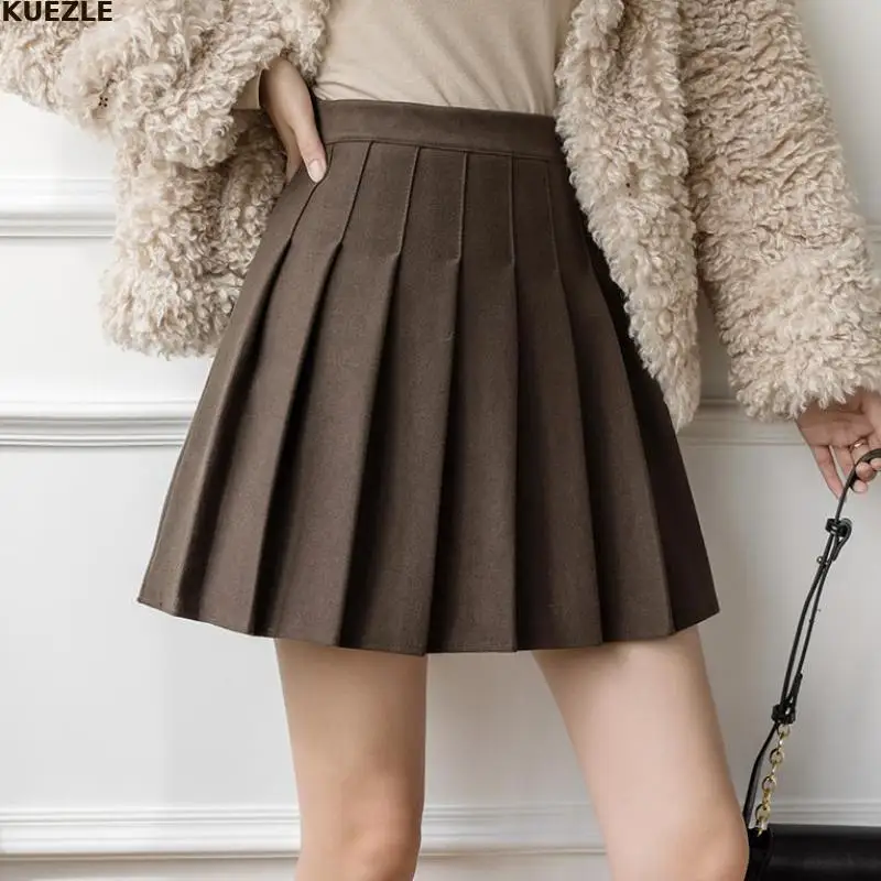 

2022 Casual Winter Woolen Skirt Solid High Waist Pleated Mini Skirts Vintage School A Line Falda Plisada Beige Grey Black Brown