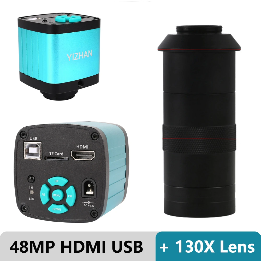 

48MP 2k HD Industrial Digital USB HDMI VGA Video Microscope Camera +130X Adjustable Zoom C Mount Lens For PC PCB IC Repair