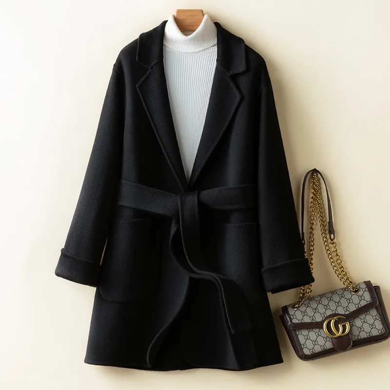 

Женское кашемировое пальто средней длины, осенне-зимнее шерстяное пальто в Корейском стиле, модное кашемировое пальто с воротником-костюмом
