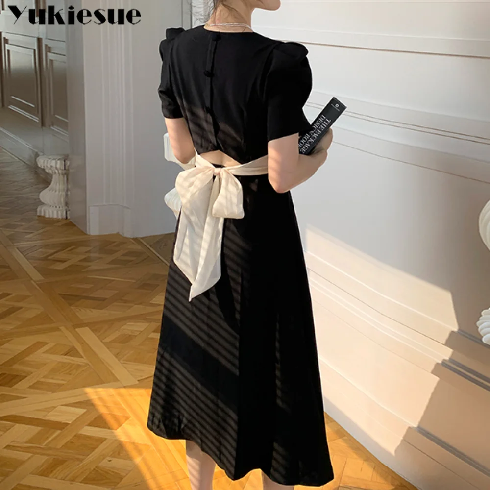 

New Women's Summer Hepburn Style Solid Color High Sense Fashion Hollow out Bow Knot Hollow out Dress Design Aestheticism Gentle