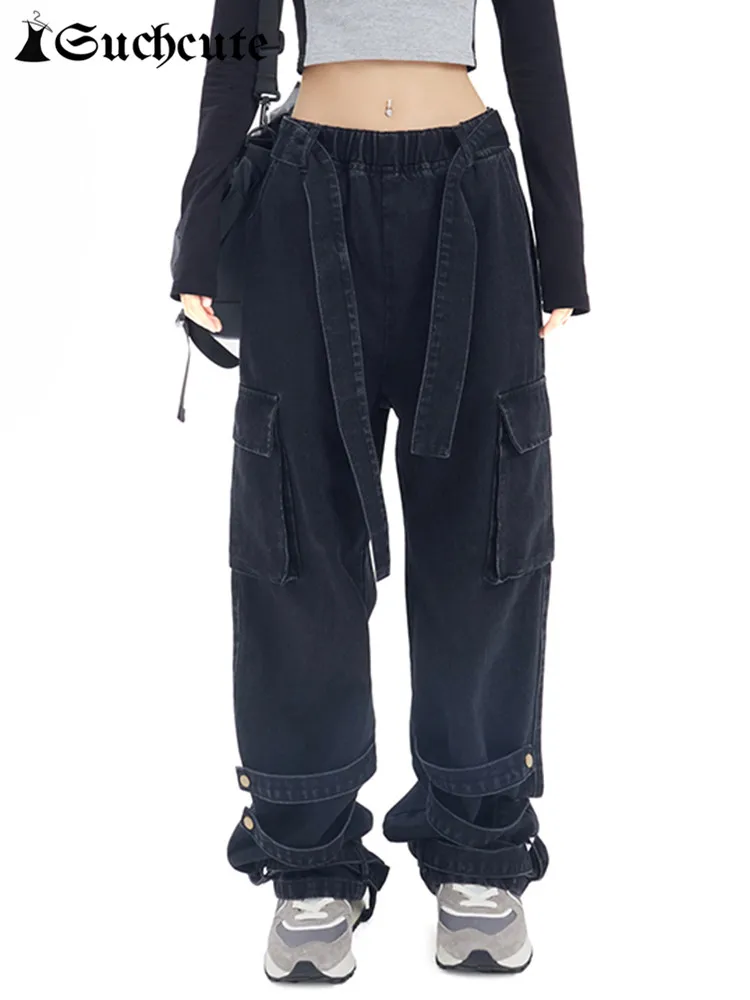 

SUCHCUTE Gothic Streetwear Cargo Pants Solid Multiple Pockets Patchwork Baggy Jeans Bandage High Waist Denim Pants Kpop Black