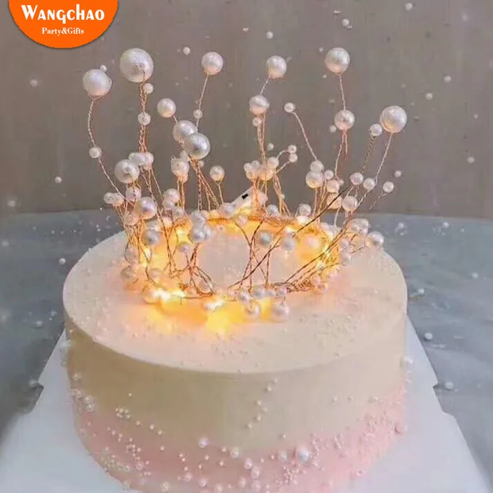 

Shiny Handmade Pearl Princess Crown Cake Topper Wedding Cake Decorating Bride and Groom Happy Birthday Hat Cake Decoration