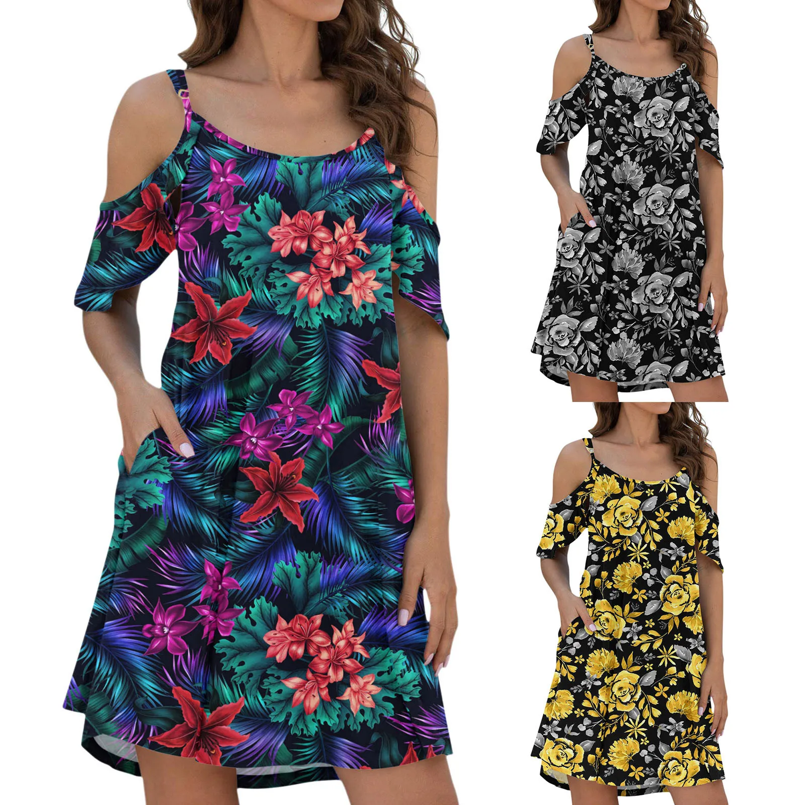 

Women Summer Casual Dresses Spaghetti Strap Sundress Dress Cold Shoulder Ruffle Sleeves Dresses With Pocket Maxi Dress 2022 New