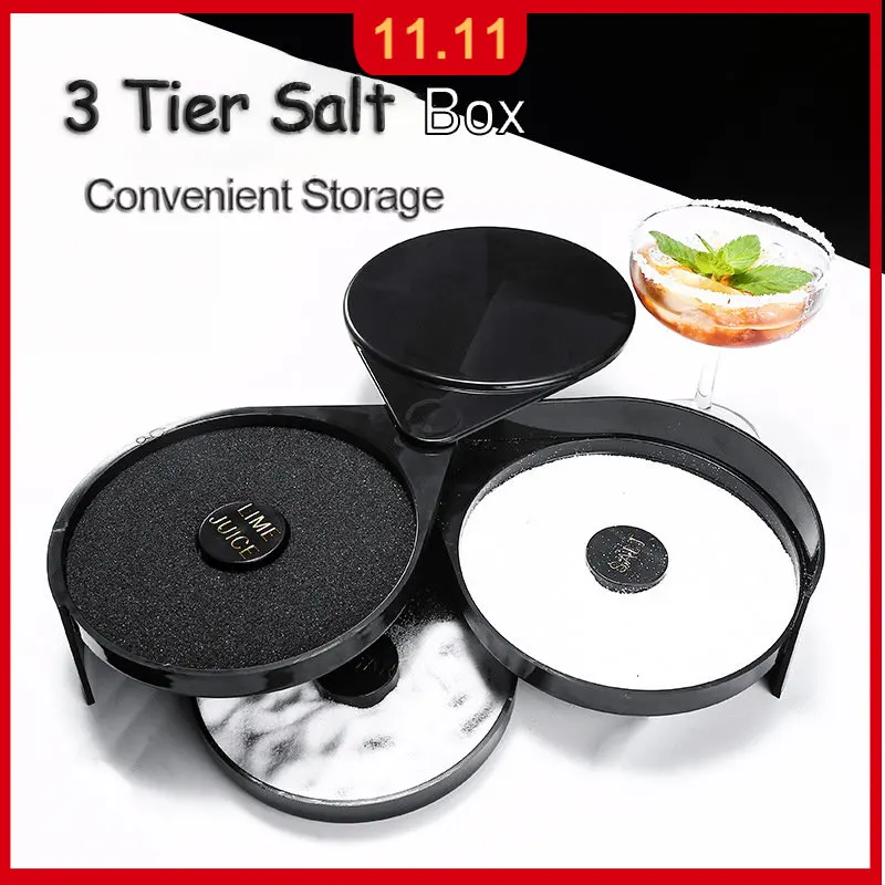 

3 Tier Salt Cocktail Home Tool Accessory Black Plastic Seasoning Box Glass Rimmers Bar Lime Juice Sugar Storage Box Container