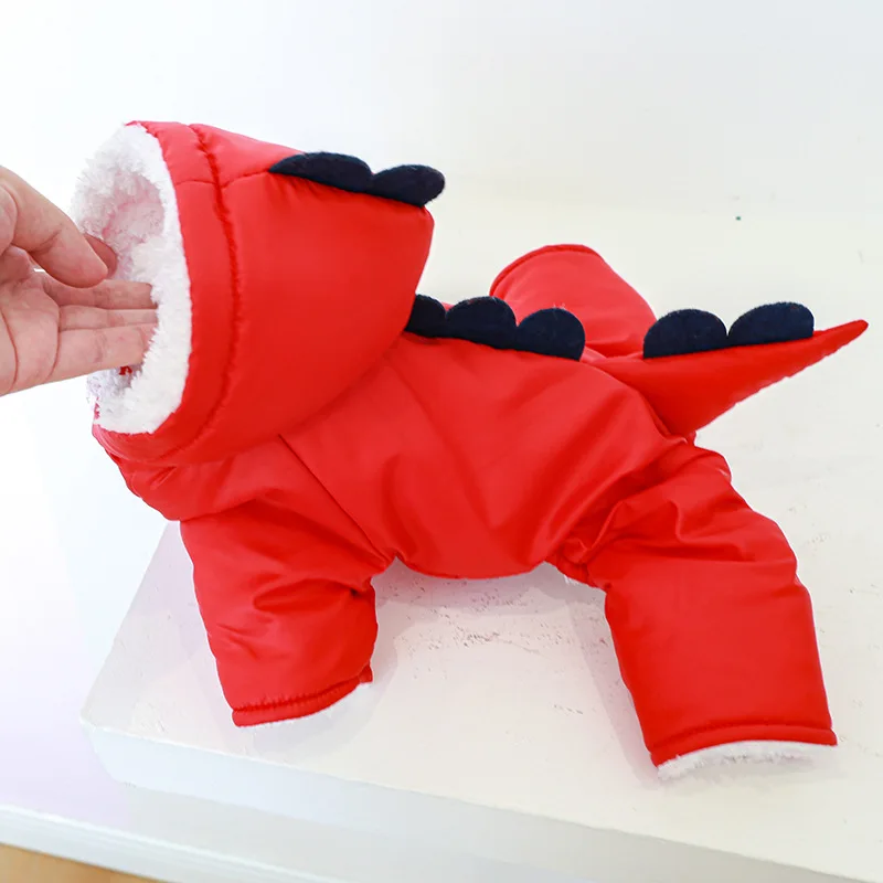 

Cartoon Dinosaur Jumpsuits Dogs Solid Color Clothing Pet Print Warm Thick Cotton for Dog Clothes Casual Red Autumn Winter Gift