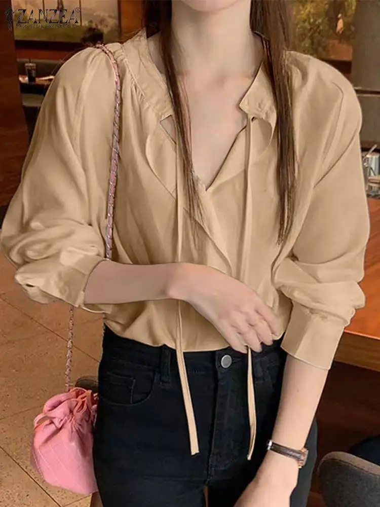 

Women Long Sleeve Shirts 2023 Elegant ZANZEA Spring Loose Tops Tunic Casual Solid O Neck Blouse Button Up Blusa Femininas