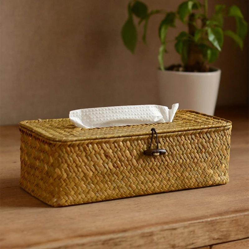 

Woven Rattan Rectangular Tissue Box Cover Paper Towel Napkin Storage Holder Case