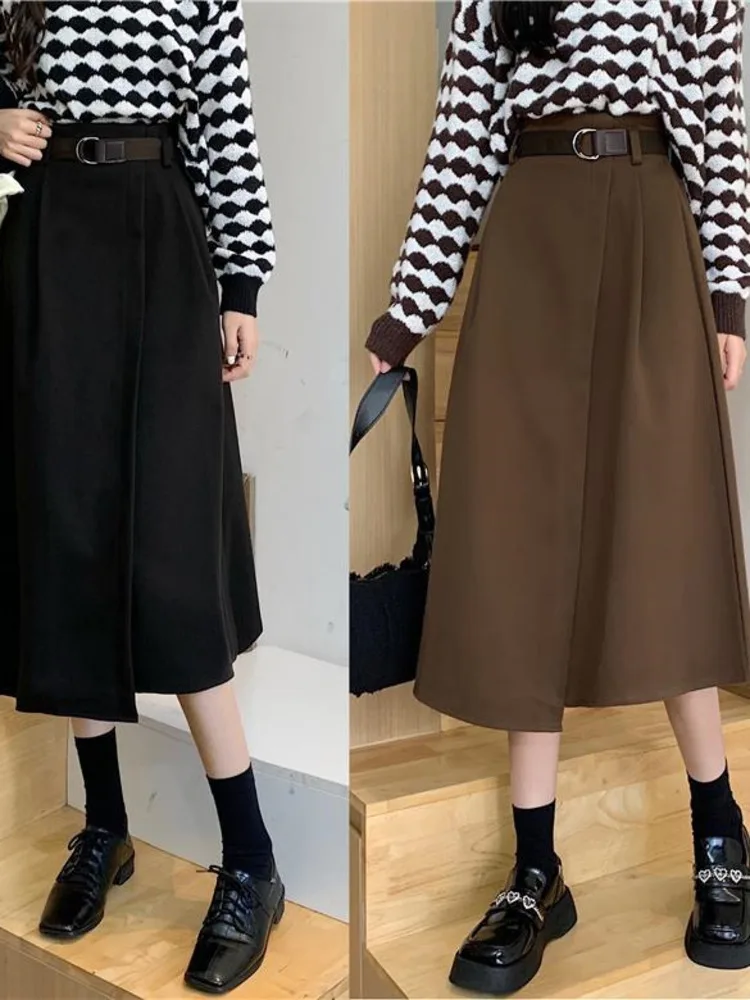 

Женская юбка в Корейском стиле, простая повседневная элегантная трапециевидная однотонная универсальная винтажная юбка с высокой талией, новинка 2022