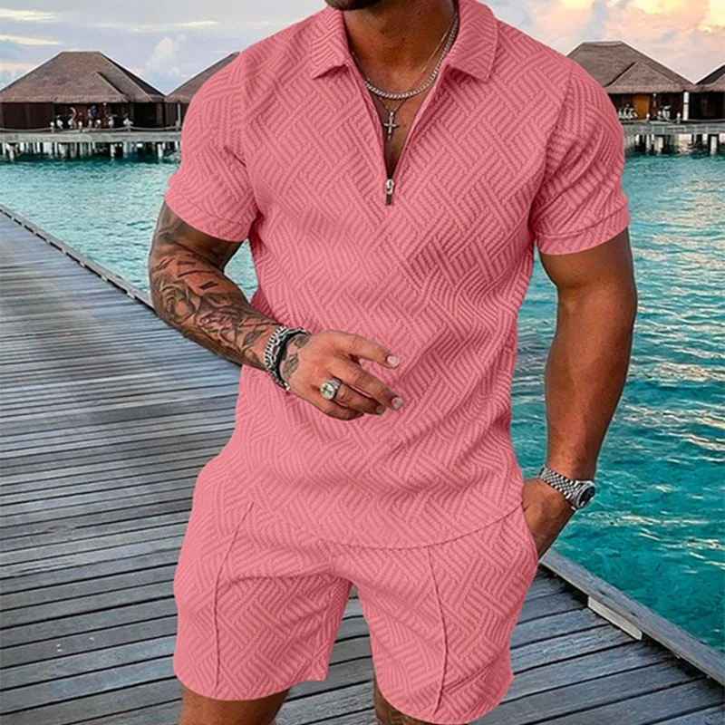 Men's Polo Shirt Business leisure Sets Mens Solid Color V-neck Zipper Short Sleeve Polo Shirt+Shorts Two Pieces Men Vintage Suit