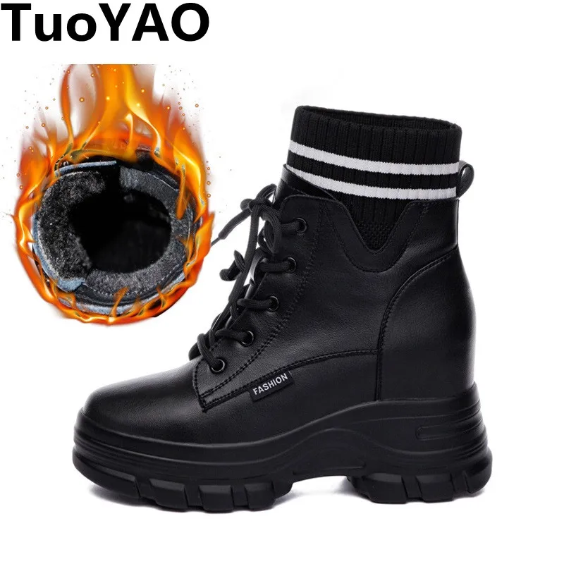 

9cm Heels Genuine Leather Ankle Boots Platform Black Booties New Autumn Spring Women Motorcycle Thick Heels Winter Plush Shoes