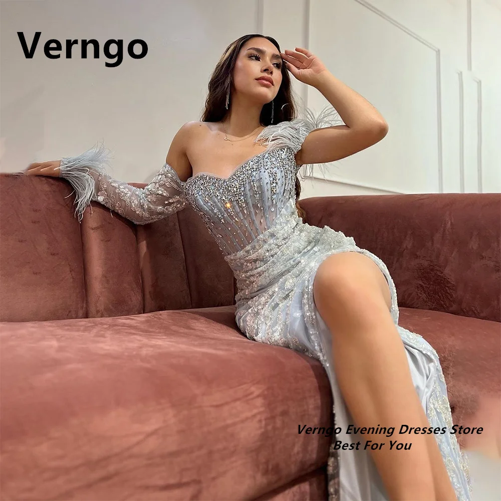 

Verngo Sweetheart Off The Shoulder Party Dress Bone Sequined Dress For Prom Side Slit Sexy Feather One Shoulder Evening Dress