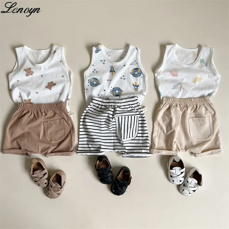 

Lenoyn New Children Clothes Set Summer Boys Girls Cartoon Thin Style Sleeveless Vest Shorts Set Baby Pajamas