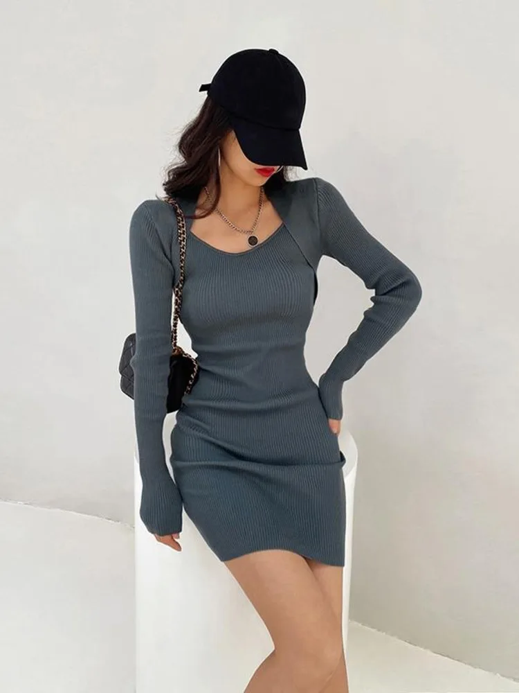 

WOMENTAGA, Простое Повседневное стильное сексуальное Облегающее вязаное мини-платье с квадратным вырезом и длинным рукавом, облегающая модная ...