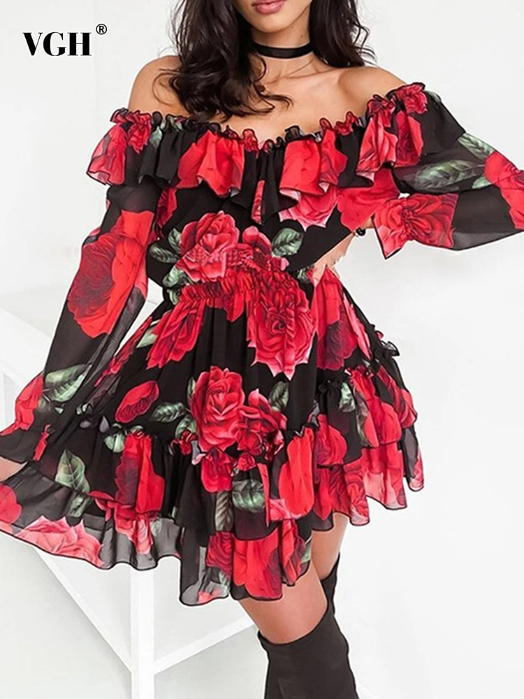 

VGH Print Floral Colorblock Two Piece Set For Women Slash Neck Long Sleeve Tops High Waist Mini Skirts Female Sets Clothing New