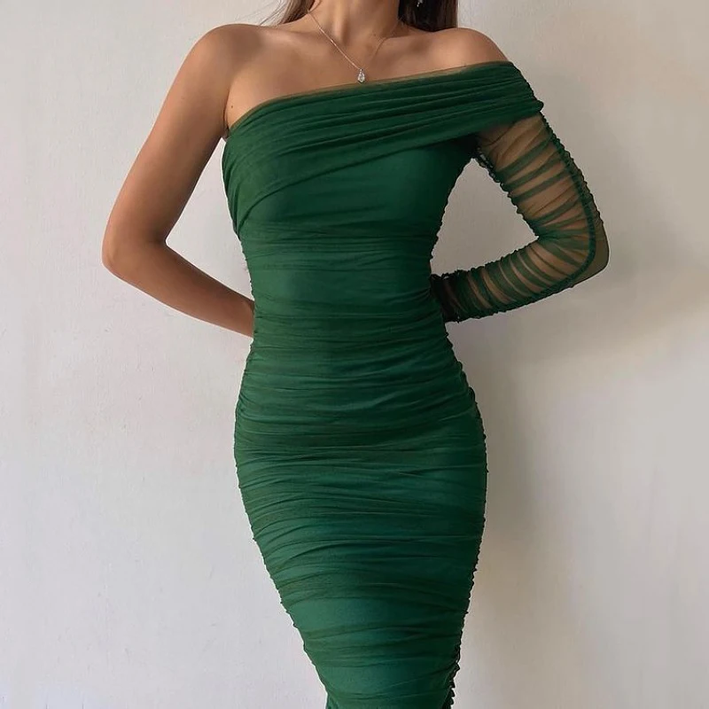 

Sexy Diagonal Neck Backless Party Dress Women Fashion One Shoulder Long Sleeve Mesh Dress Elegant Temperament Slim Solid Dresses