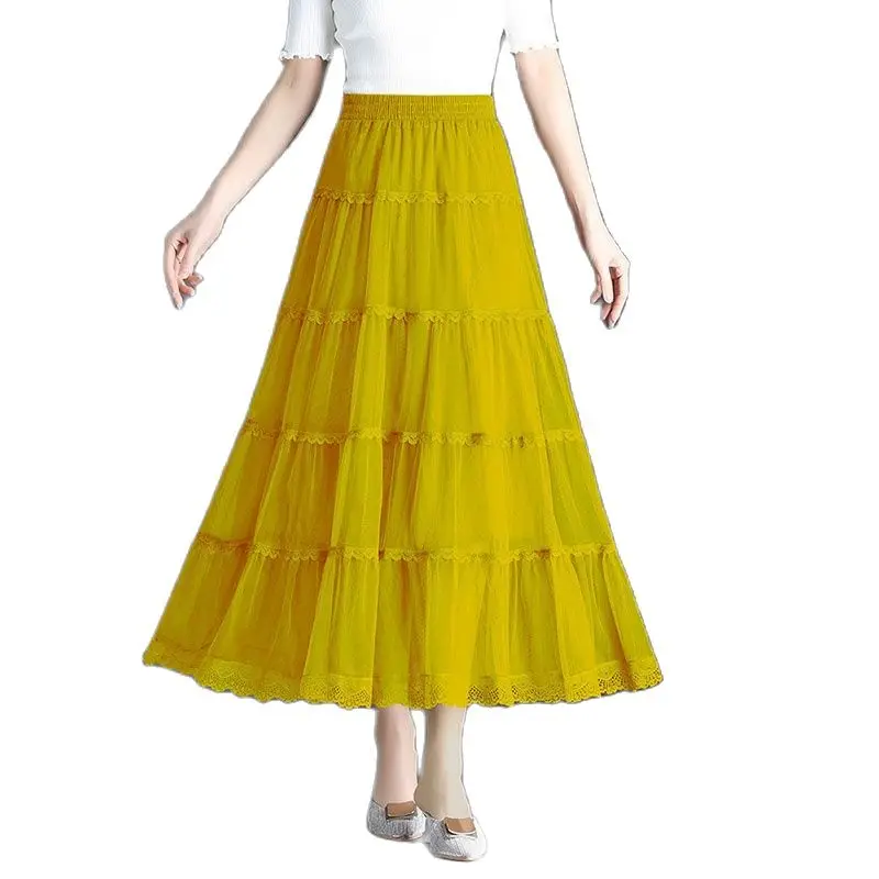 

2023 Ahe New Fairy Gauze Skirt For Women's Kneehigh Apleated Skirt Is a Long Drooping Feeling In Spring And Autumn Gauze Skirt