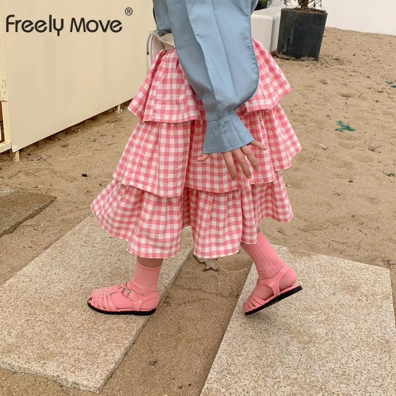 

Freely Move Korean Girl Skirt Spring 2022 New Pink Plaid Cotton Girl Skirt Sweet Lovely Cake Skirt 1-6Year Kid's Skirt