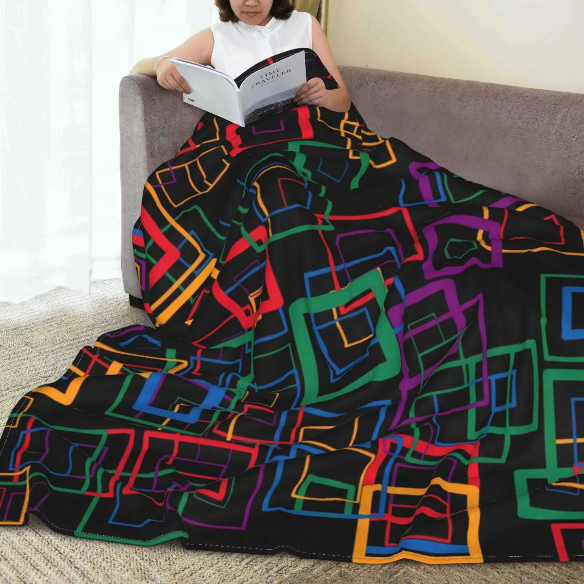 

Retro Square Flannel Blanket Colorful Print Soft Warm Throw Blanket for Living Room Travelling Novelty Bedspread Sofa Bed Cover