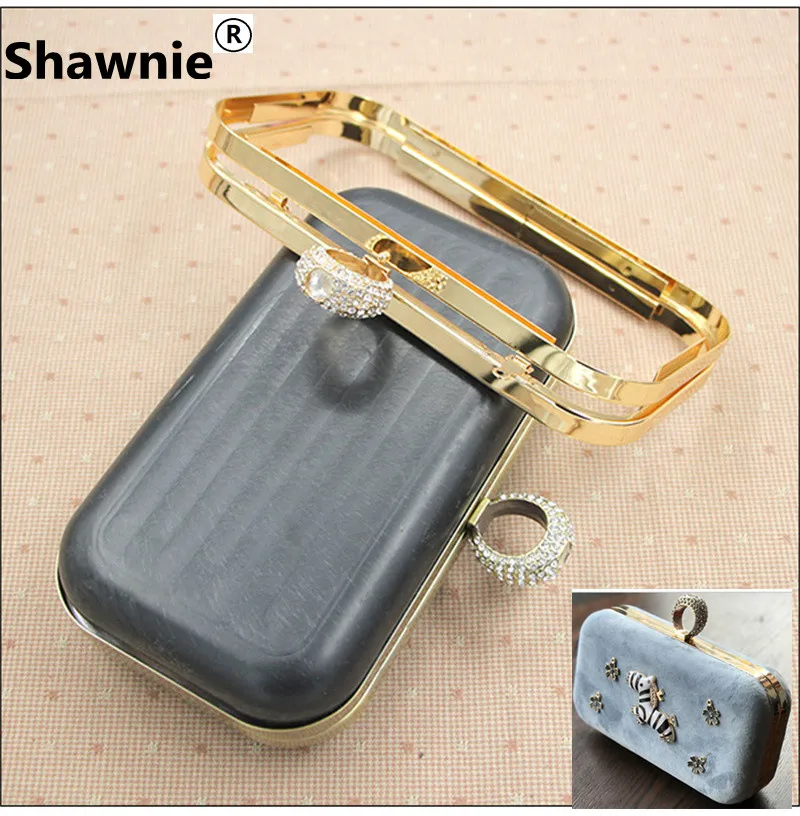 1 Set Antique Brass Silver Gold Metal Evening Box Clutches Purse Frame With Plastic Black Shell Obag Crystal Ring Clasp Handle