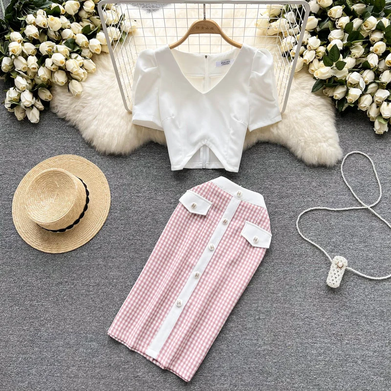 

Two Piece Set Suit Women Casual White Blouse Shirt &Skirt Set Fashion Houndstooth Print Office Set Elegance Skinny Ropa Femenina
