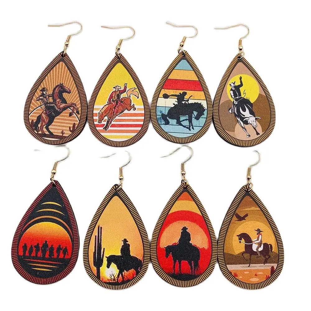 

American Western Denim Earrings National Style Cactus Horse Pattern Printed Waterdrop Wooden Ear Rings Gift Wholesale