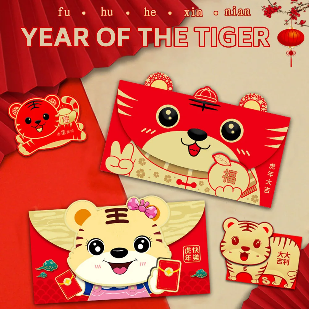 

6pcs Chinese New Year Red Envelope 2022 Year of the Tiger Lucky Money Hongbao Best Wish Cute Cartoon Red Packet