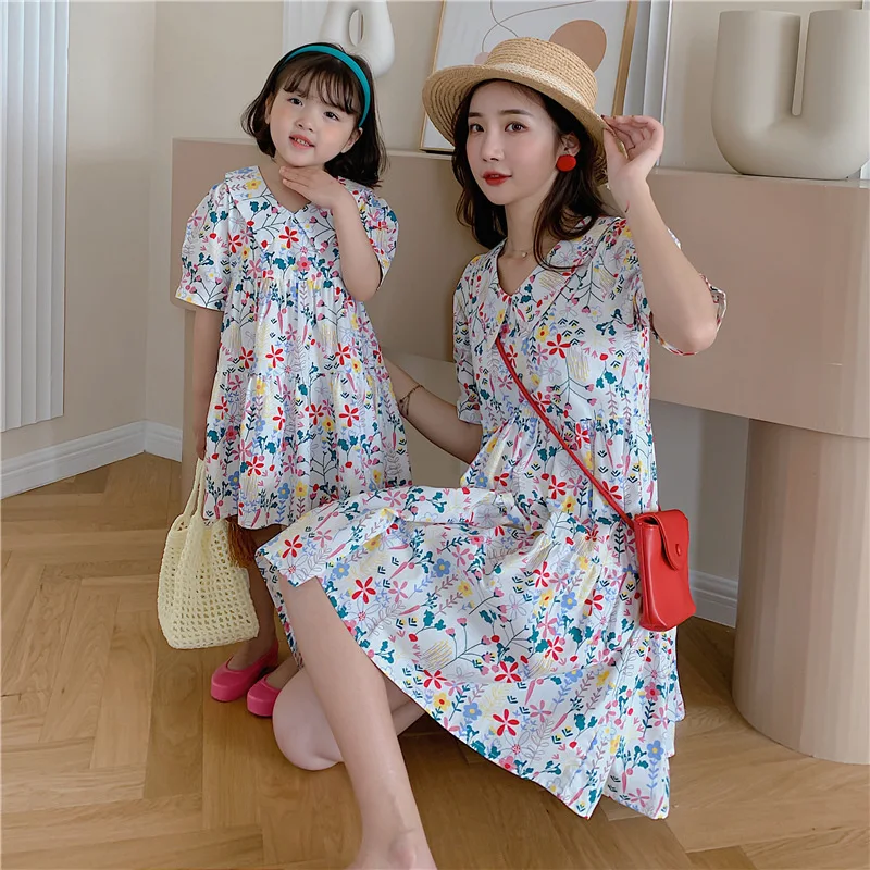 

2022 Parent-Child Link Coordination Floral Dress Like Mother Like Daughter Women Dresses Same Mom And Baby Girl Matching Clothes