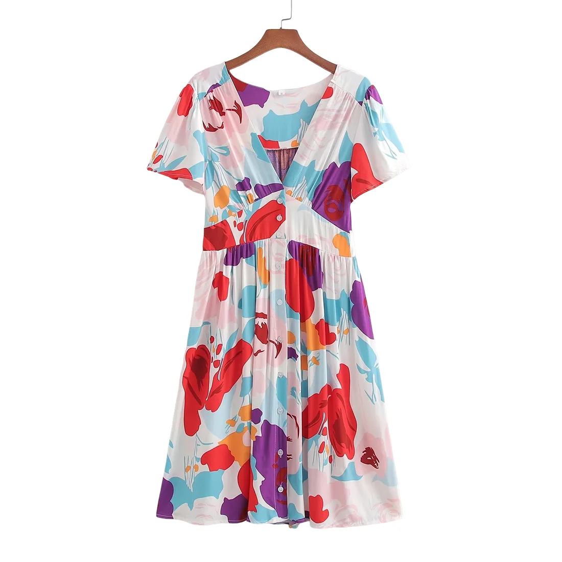 

HDIMM Fashion Women's Dresses 2023 Summer Print Elegant Casual Dresses Ladies Single Breasted V-Neck Loose A-Line Dresses New In
