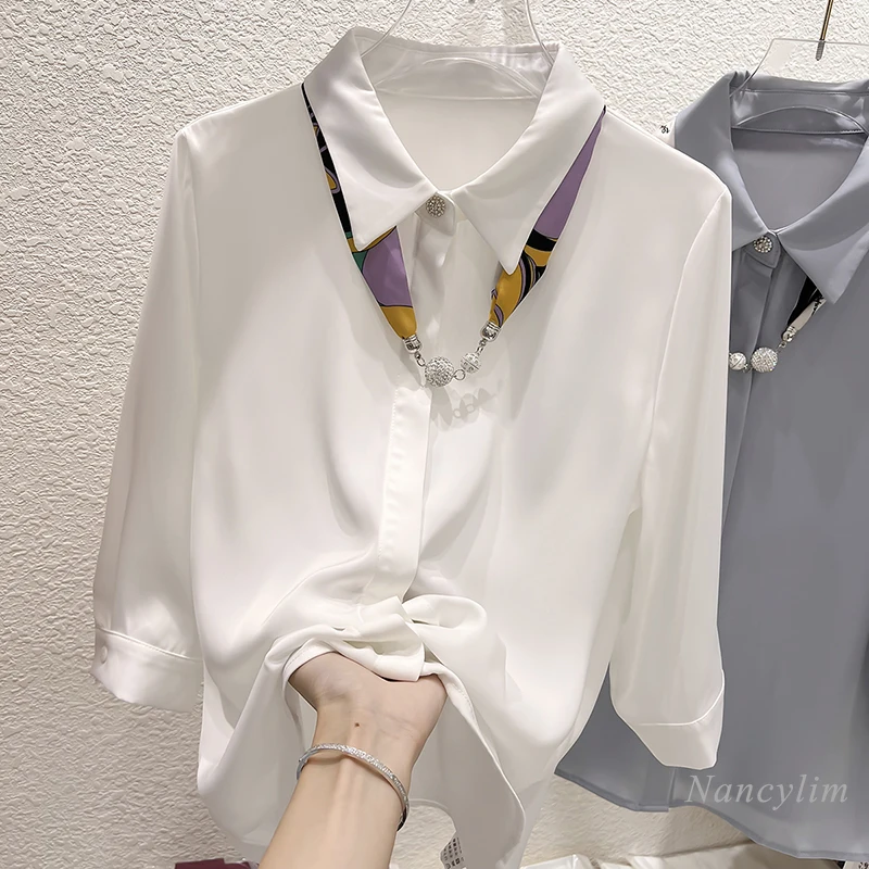 

Женская простая блузка с лацканами и шарфом, шифоновая рубашка с рукавом 3/4, офисные женские универсальные топы, блузы, лето-осень 2022