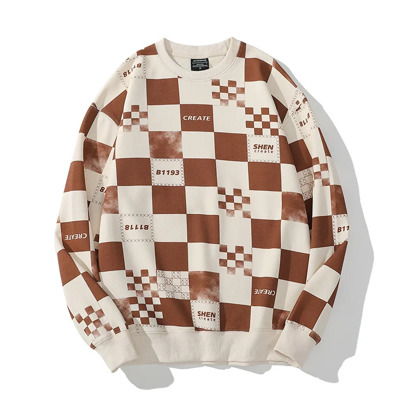 

HOUZHOU Plaid Hoodie Sweatshirt Men Checkerboard Print Pullover Tops Oversize Hoody Male Autumn Casual Korean Streetwear Hip Hop