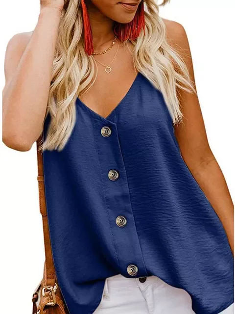 

2022NEW Tops Sleeveless Buttons Adjustable Summer Sexy Spaghtti Strap Blouse Women 2021 V-Neck Ladies Chiffon Blouses Tops