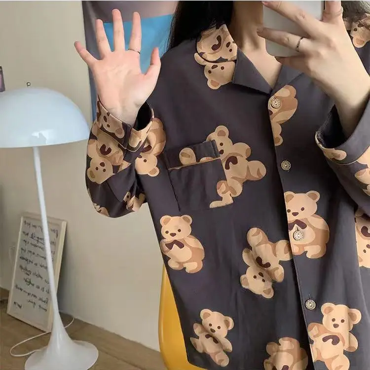 Heart Print Home Suit Loose Cotton Casual Sleepwear Korean Pajamas Set Trousers Harajuku Home Clothes Kawaii Single Breasted Top