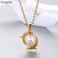 fanqieliu cute dolphin gold color s925 stamp new womans zircon pearl pendant necklace for girl trendy fql21186