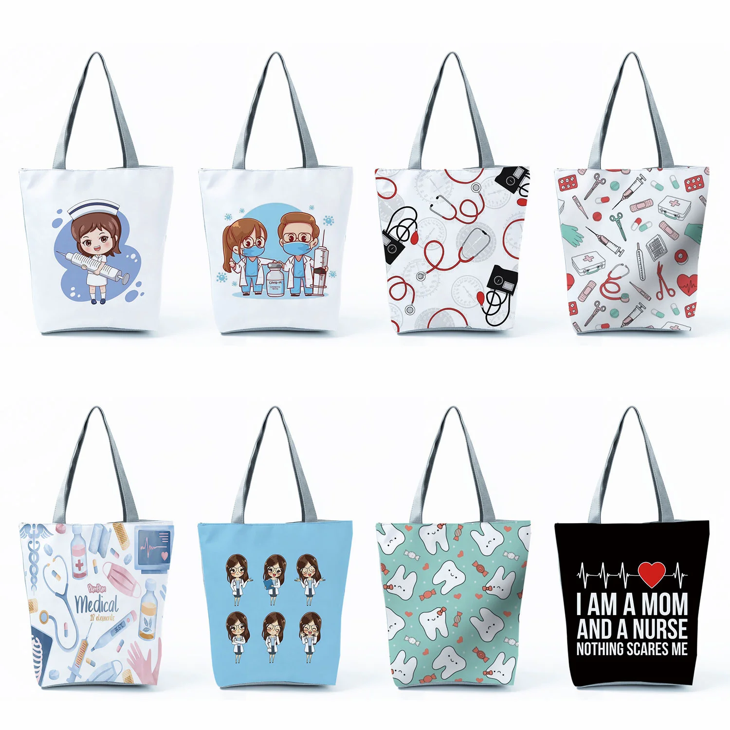 

Cartoon Customized Dentist Nurse Print Tote Women Designer Shoulder Bag 2023 Handbags Eco Reusable Shopping Bag For Groceries