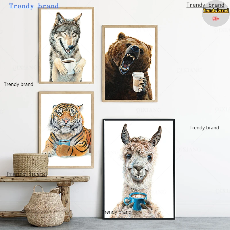 

Cartoon Animals Drinking Coffee Canvas Painting Art Nordic Posters and Prints Wall Pictures for Living Room Decoration Frameless